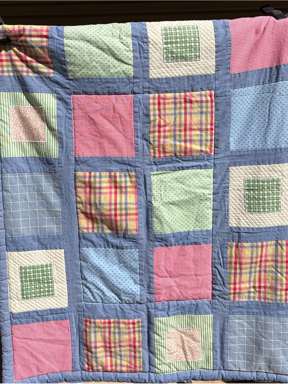 Vintage Sumersault Patchwork Baby Quilt 34x42 - Plaid Gingham Crib Nursery Quilt